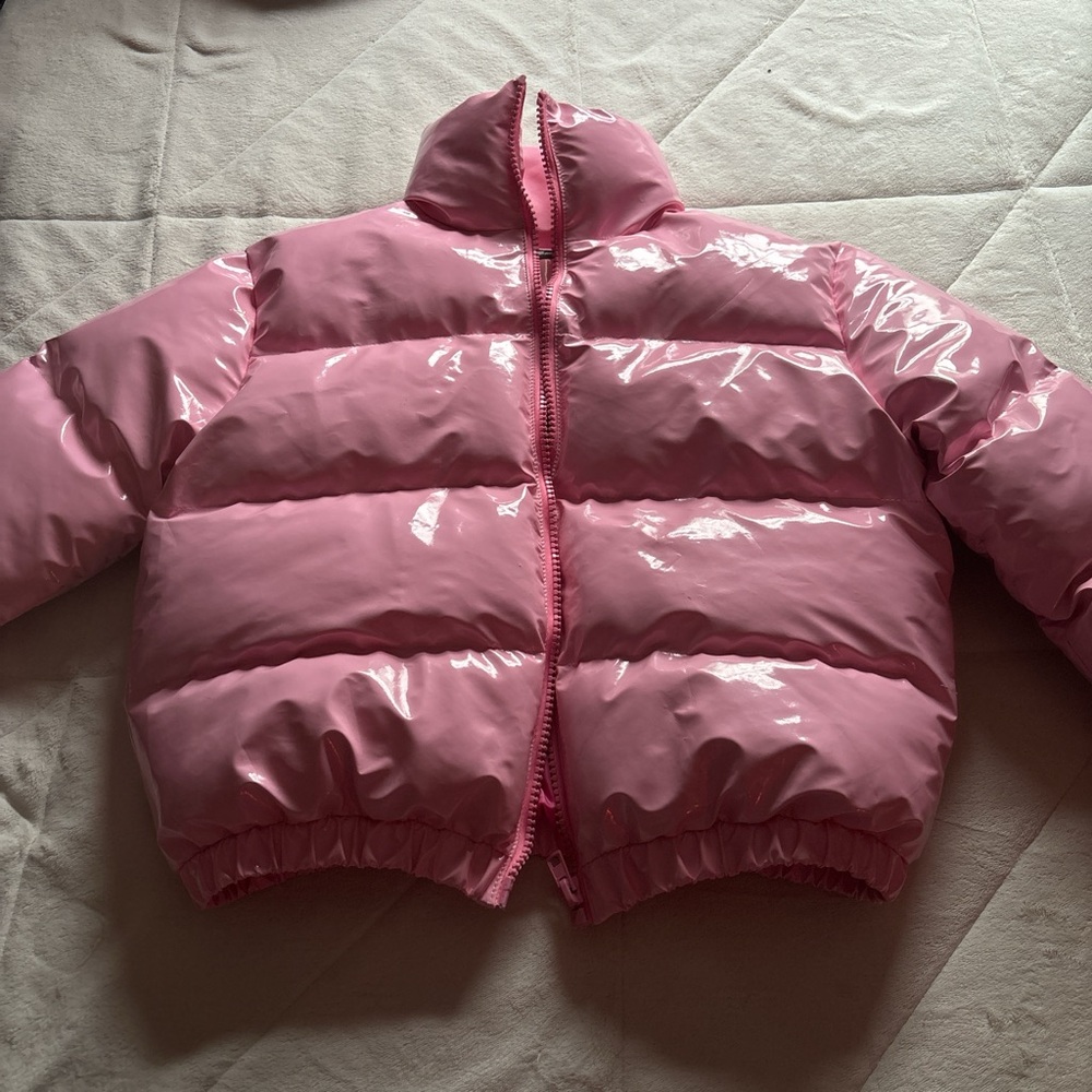pink puffer coat